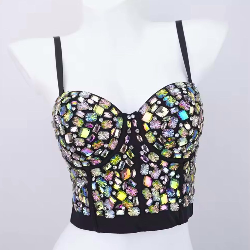 Glam Crystal Black Corset Top Sexy Club Wear Dancer Party Streetwear Fashion